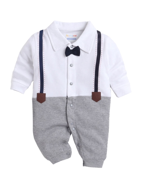 

Hopscotch Infant Boys Grey & White Solid Cotton Rompers