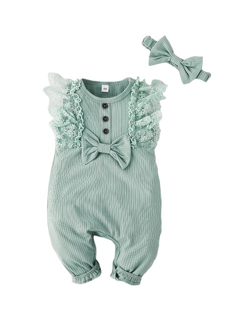

Hopscotch Girls Green Solid Embellished Rompers with Headband