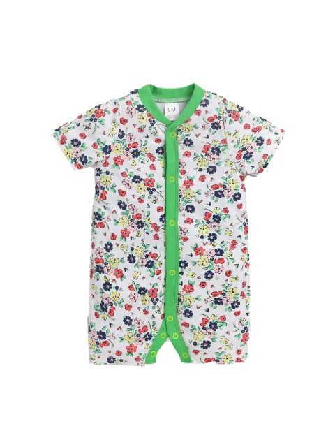 

Hopscotch Infant Boys White & Green Printed Cotton Rompers