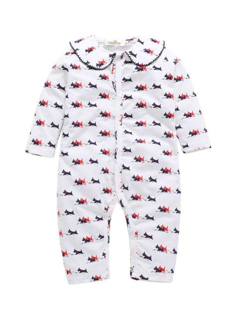 

Hopscotch Infant Girls White & Black Printed Cotton Rompers