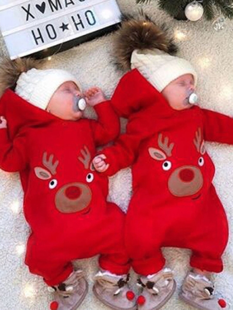 

Hopscotch Girls Red & White Printed Hooded Rompers