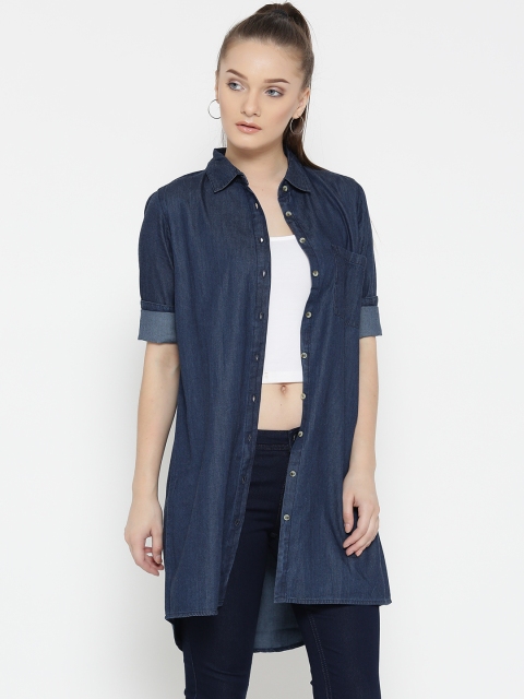 

Mast & Harbour Women Navy Solid Chambray Longline Casual Shirt, Navy blue