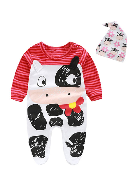 

Hopscotch Girls Red & Black Printed Pure Cotton Footie Rompers with Beanie Cap