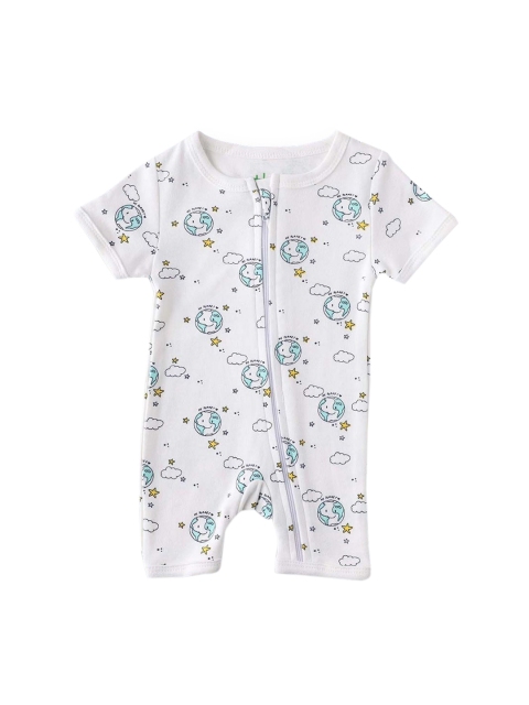 

Hopscotch Infant Kids Off-White & Black Printed Cotton Rompers