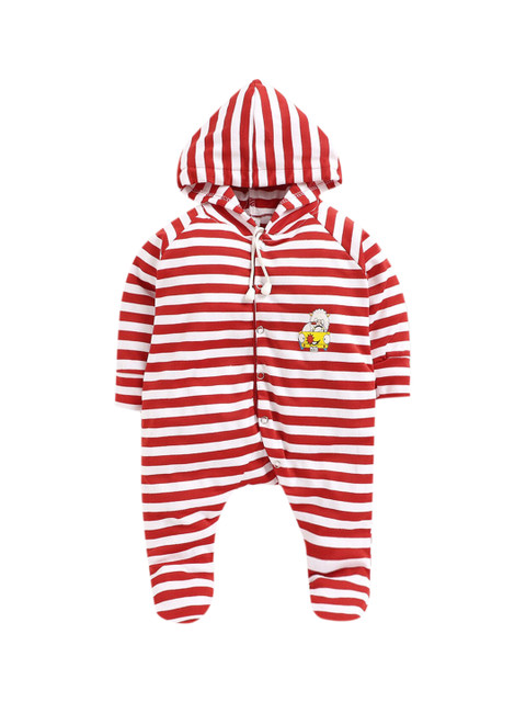 

Hopscotch Kids Red & White Striped Pure Cotton Footie Rompers