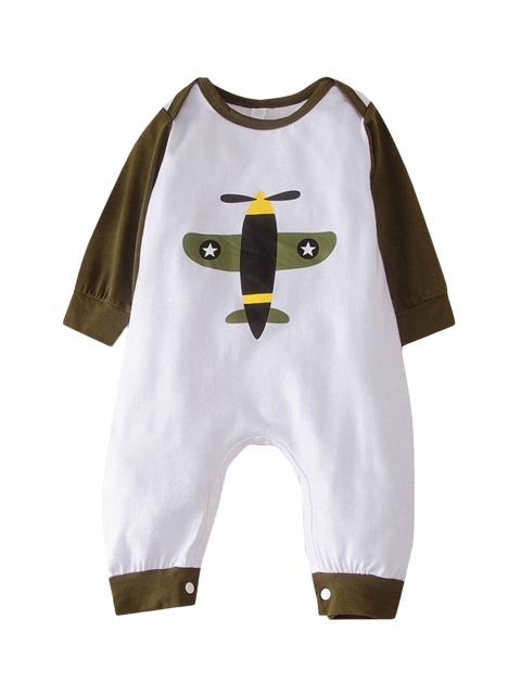 

Hopscotch Boys White & Olive Green Printed Round Neck Rompers