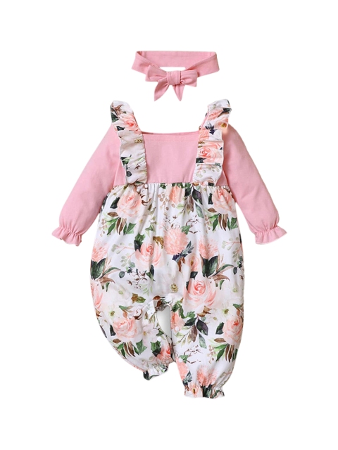 

Hopscotch Girls Pink & White Printed Basic Jumpsuit