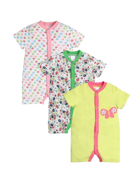 

Hopscotch Infant Pack Of 3 Green, Pink & Yellow Printed Cotton Rompers, Multi