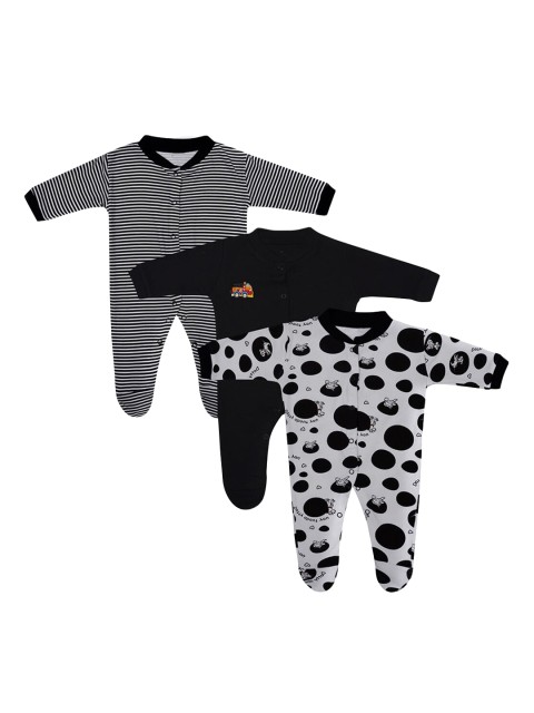 

Hopscotch Boys Pack Of 3 Printed Pure Cotton Footie Rompers, Black