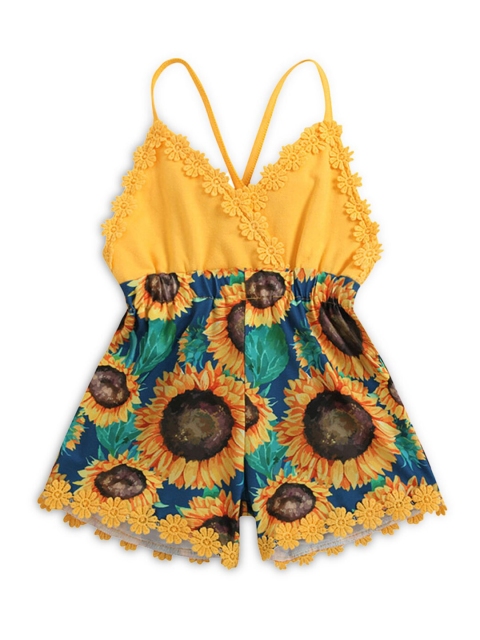 

Hopscotch Girls Yellow & Green Floral Printed with Lace Inserts Playsuit