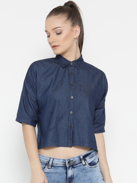 

Mast & Harbour Women Navy Solid Chambray Crop Casual Shirt, Navy blue