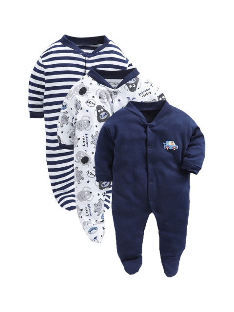 

Hopscotch Infants Kids Pack Of 3 Blue & White Cotton Sleepsuit, Navy blue