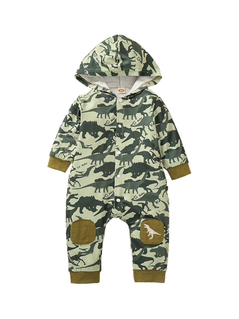 

Hopscotch Boys Green Printed Hooded Cotton Rompers