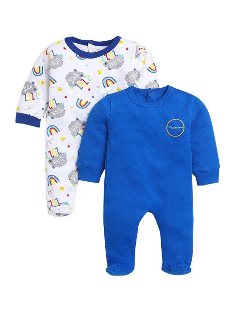 

Hopscotch Kids Set of 2 White & Blue Printed Cotton Bodysuits