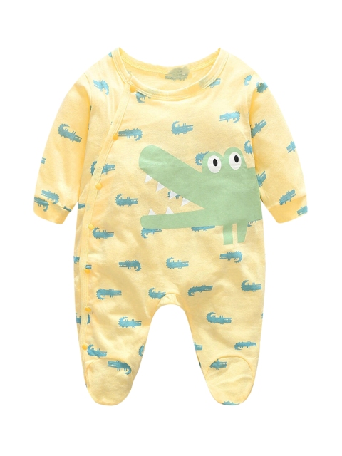 

Hopscotch Kids Yellow & Green Animal Printed Pure Cotton Sleepsuit