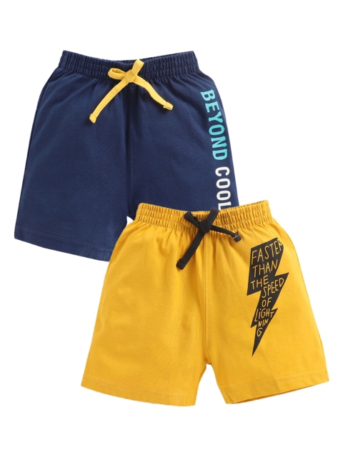 

Hopscotch Boys Navy Blue & Yellow Set Of 2 Typography Printed Cotton Shorts