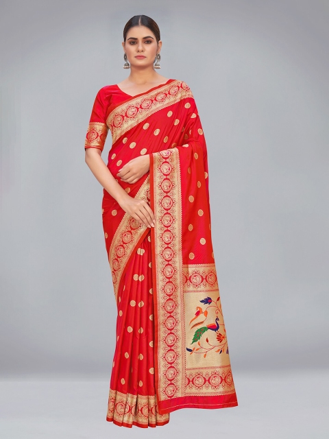 

MONJOLIKA FASHION Red & Gold-Toned Ethnic Motifs Zari Silk Blend Paithani Saree