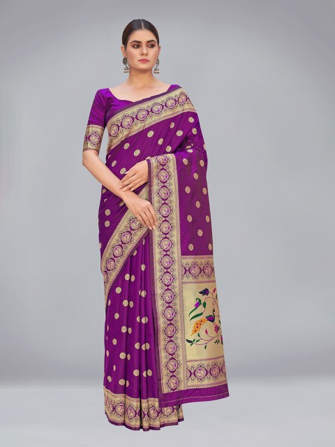

MONJOLIKA FASHION Purple & Gold-Toned Ethnic Motifs Zari Paithani Saree