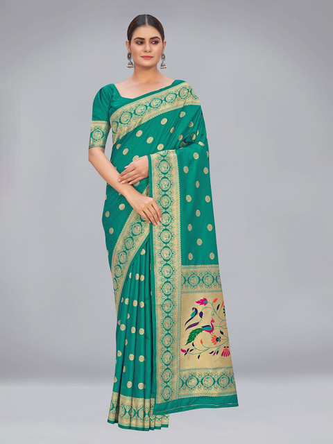 

MONJOLIKA FASHION Teal & Gold-Toned Woven Design Zari Silk Blend Paithani Saree