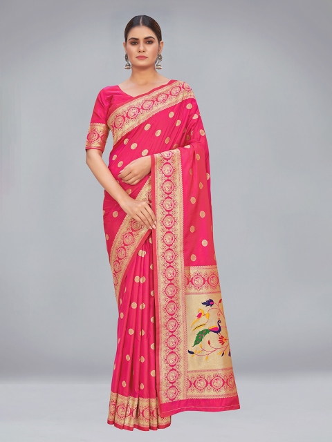 

MONJOLIKA FASHION Coral & Gold-Toned Woven Design Zari Silk Blend Paithani Saree