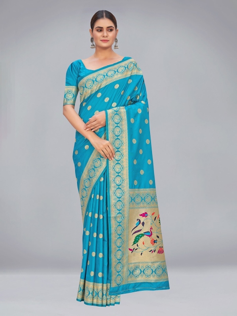 

MONJOLIKA FASHION Blue & Gold-Toned Woven Design Zari Silk Blend Paithani Saree