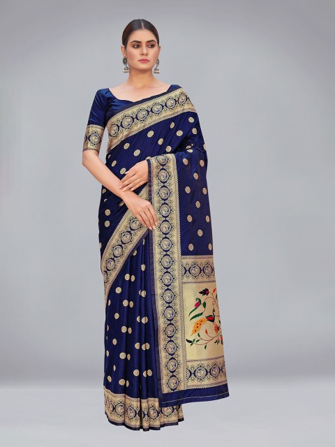 

MONJOLIKA FASHION Navy Blue & Gold-Toned Ethnic Motifs Zari Silk Blend Paithani Saree