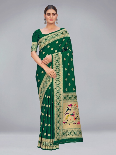 

MONJOLIKA FASHION Green & Gold-Toned Banarasi Soft Silk Designer Traditional Saree