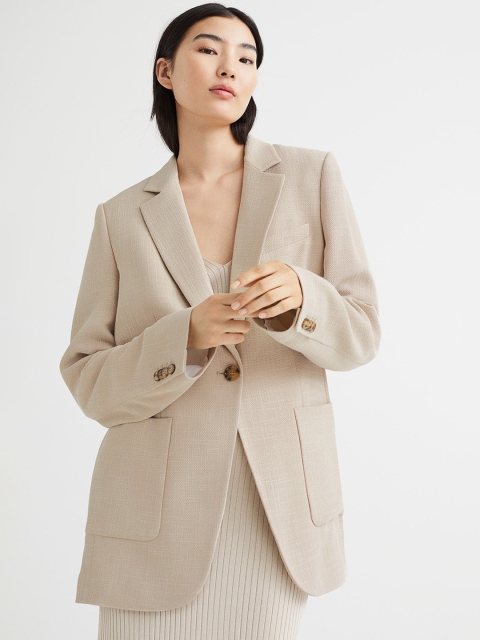 

H&M Women Beige Solid Relaxed Fit Notched Lapel Single-Breasted Linen-Blend Jacket