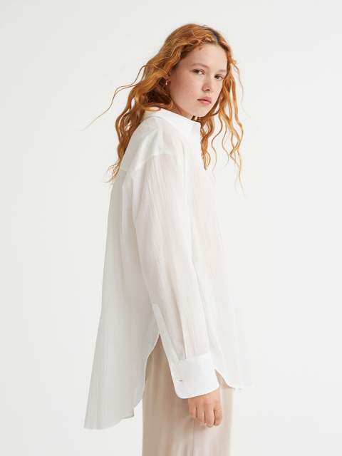 

H&M Women White Solid Relaxed Fit Crinkled Cotton Shirt
