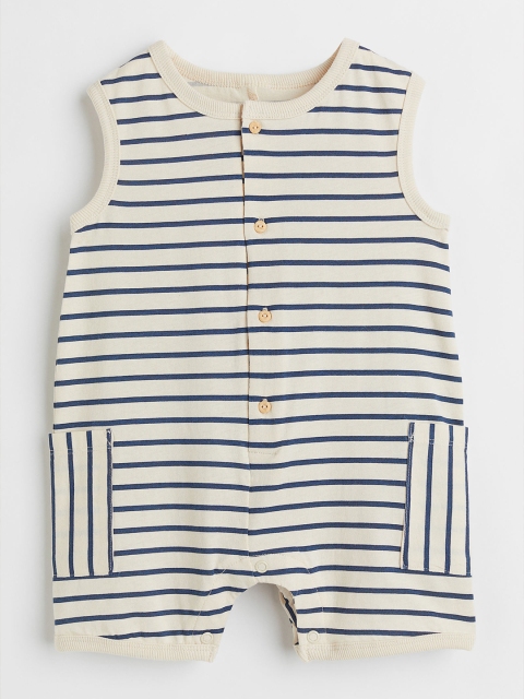 

H&M Boys Beige & Blue Striped Round Neck Cotton Rompers