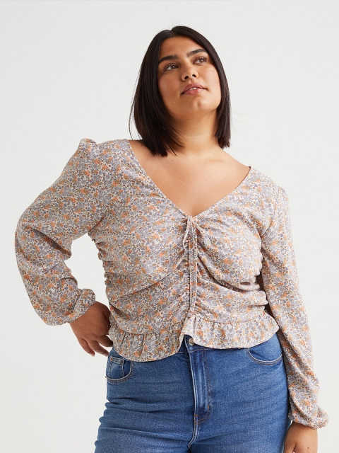 

H&M Women Plus Size V-neck Printed Draped Blouse, Orange