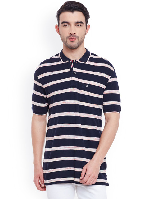 

Duke Men Navy & Cream Striped Polo Collar T-shirt, Navy blue