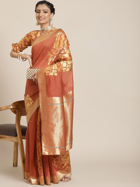 

Satrani Rust Red & Gold-Toned Woven Design Taant Saree