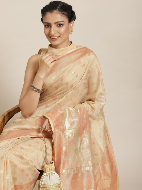 

Satrani Beige & Gold-Toned Woven Design Taant Saree