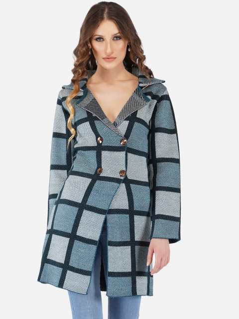 

JoE Hazel Women Blue Checked Double-Breasted Longline Trench Coat