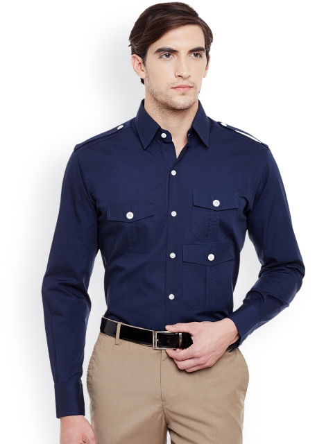 

Dazzio Men Navy Slim Fit Solid Semiformal Shirt, Navy blue