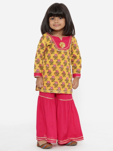 

Readiprint Fashions Girls Yellow Floral Printed Gotta Patti Pure Cotton Kurti with Sharara