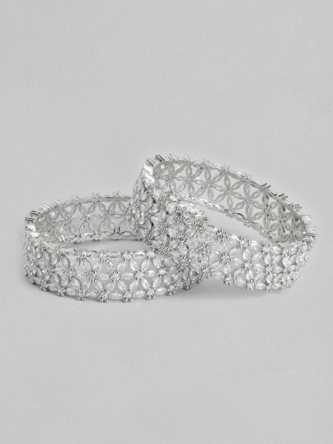 

MUCH MORE Set of 2 Silver-Plated CZ-Studded Floral Bangle
