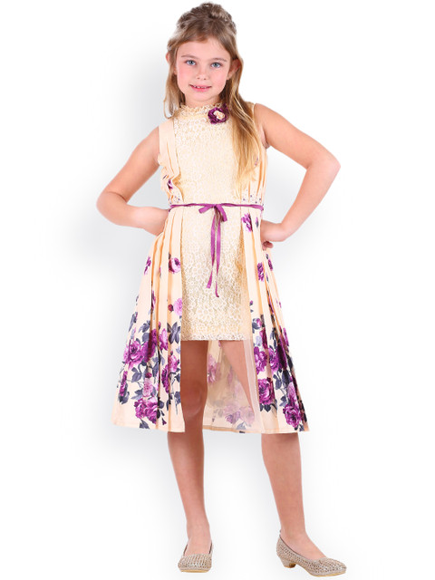 

CUTECUMBER Girls Cream-Coloured Printed Layered Dress