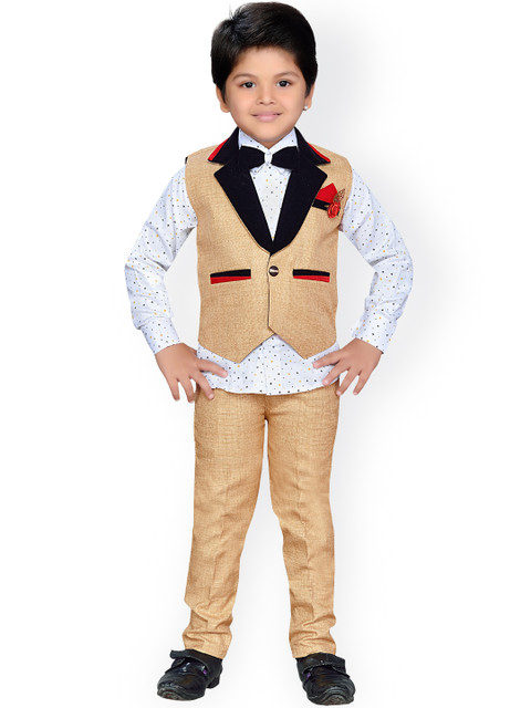 

Aj DEZInES Boys White & Beige Single-Breasted Regular Fit Party Waistcoat Suit