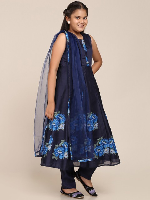 

Bitiya by Bhama Girls Navy Blue Floral Printed Panelled Kurta with Trousers & With Dupatta