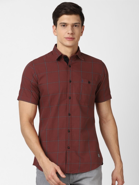 

VAN HEUSEN DENIM LABS Men Maroon Slim Fit Windowpane Checked Cotton Casual Shirt