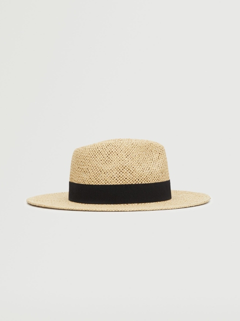 

MANGO Women Beige & Black Woven Design Fedora Hat