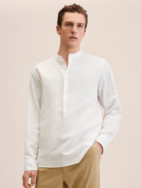 

MANGO MAN Men White Linen Cotton Solid Casual Shirt