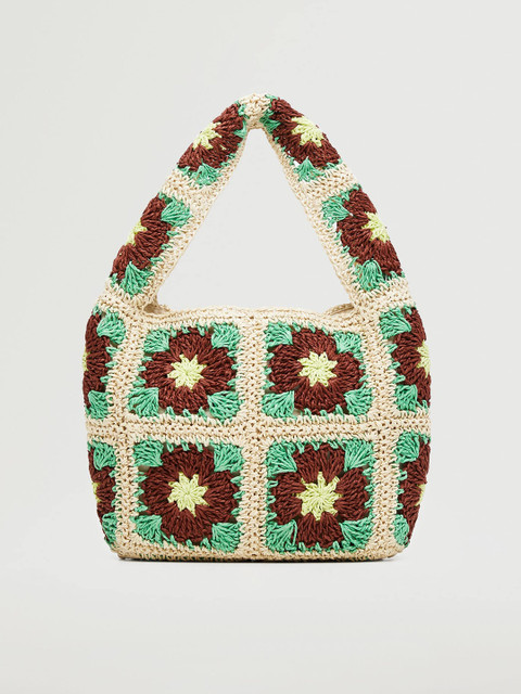 

MANGO Beige & Green Floral Woven Design Structured Shoulder Bag