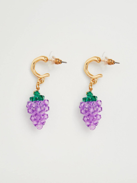 

MANGO Gold-Toned & Purple Beaded Grapes Quirky Drop Earrings