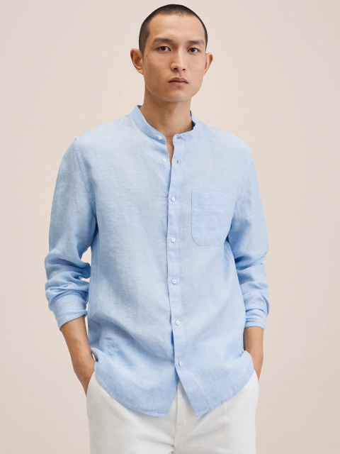 

MANGO MAN Blue Solid Linen Slim Fit Casual Shirt