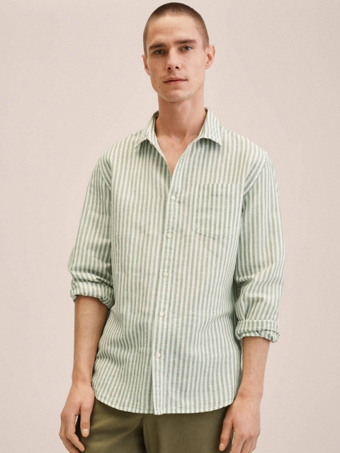 

MANGO MAN White & Green Linen Cotton Striped Shirt