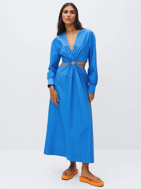 

MANGO Blue Pure Cotton Solid Cut-Out Maxi Dress