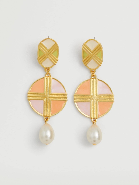 

MANGO Gold-Toned & Peach-Coloured Beaded Enamelled Geometric Drop Earrings